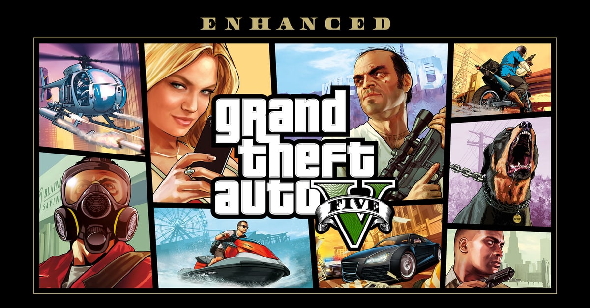 Grand Theft Auto V Enhanced collage with its three protagonists