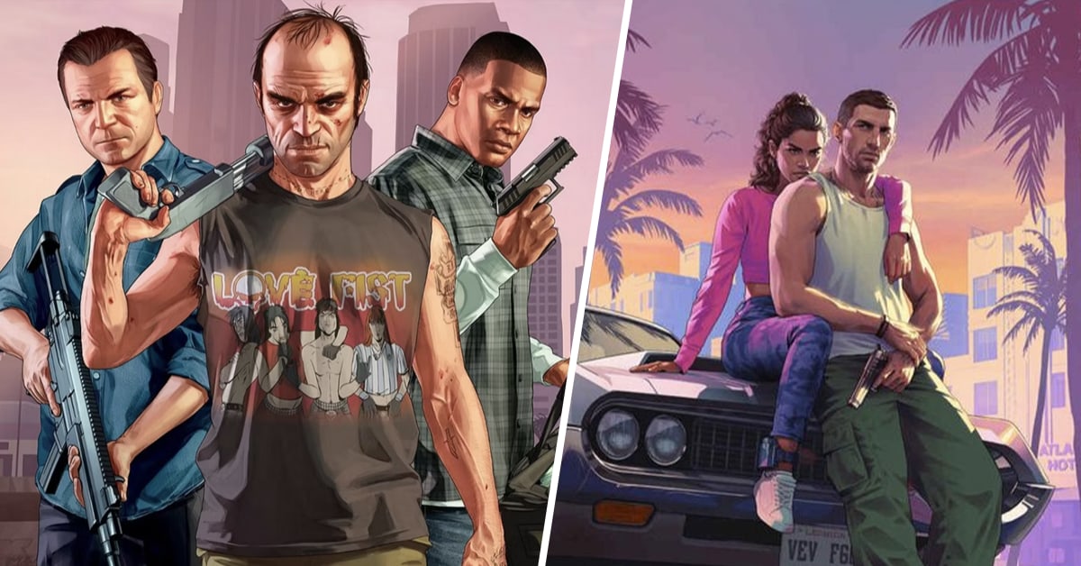 Grand Theft Auto V protagonists compared with GTA 6 protagonists Lucia and Jason