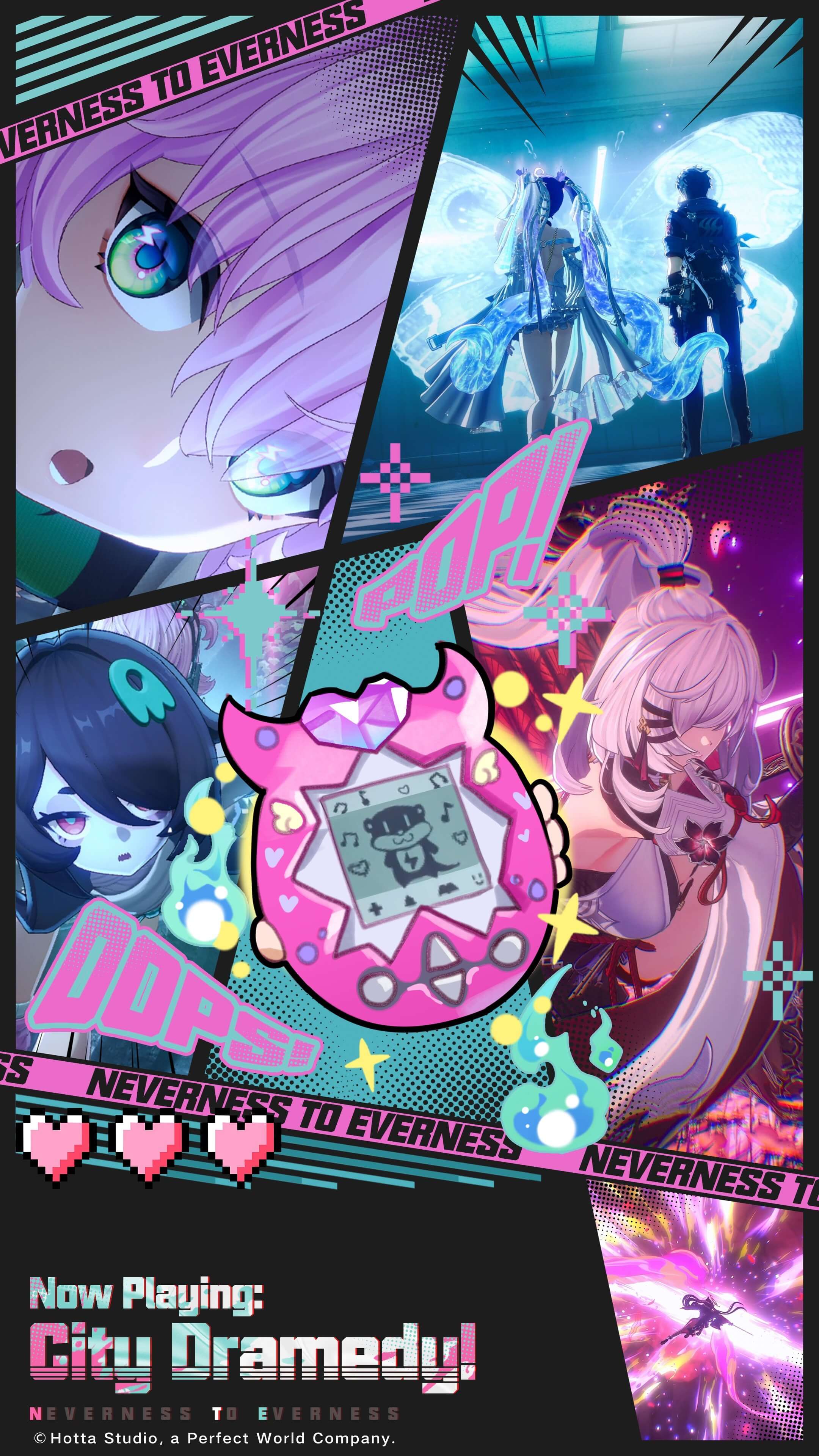Neverness to Everness collage combining anime character art and in-game scenes